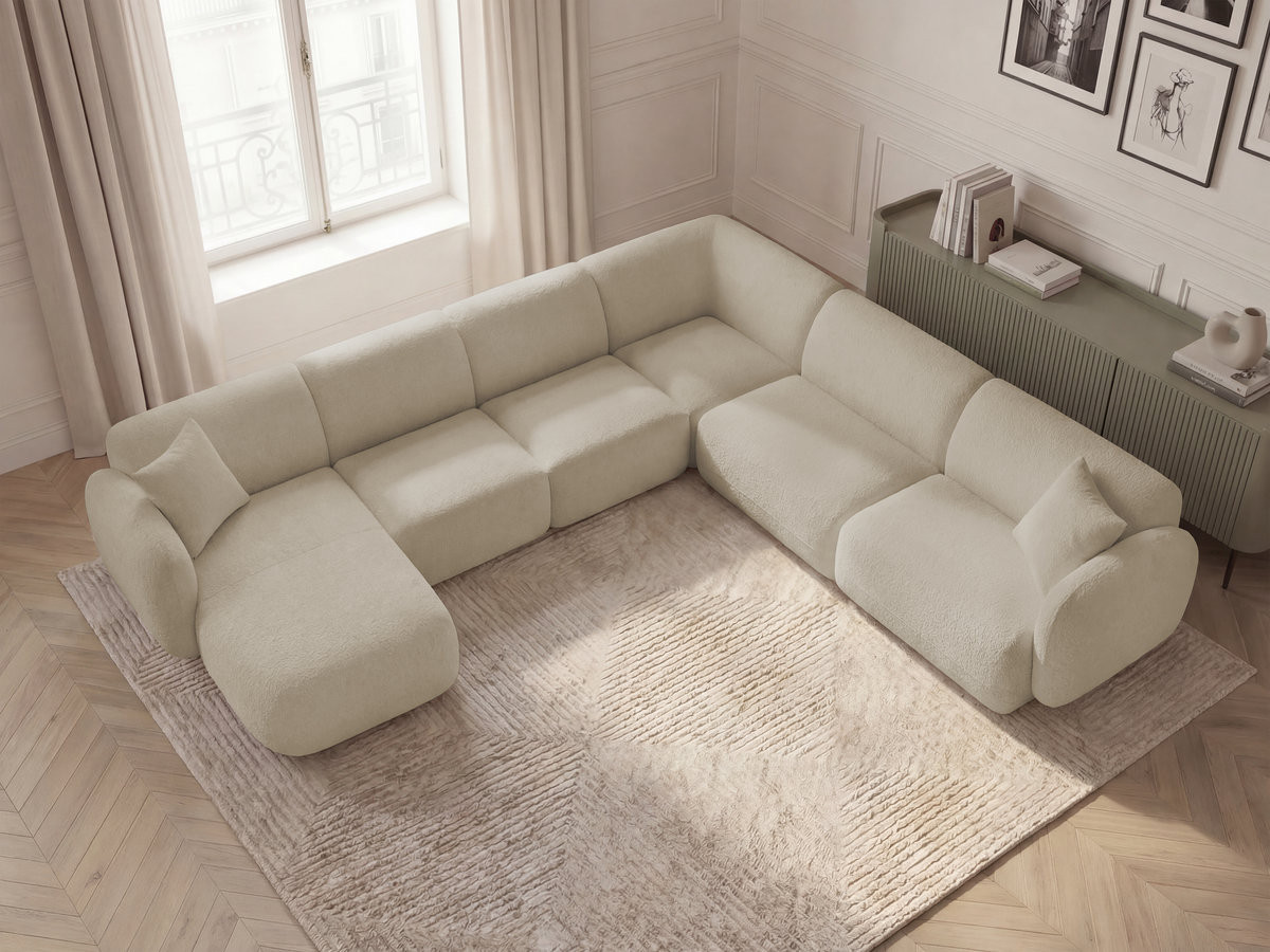 Canapé panoramique fixe modulable ANDA avec 1 mrdn, 3 chfs 1 place sans accoudoir, 1 chf 1 place avec accoudoir, 1 petit angle