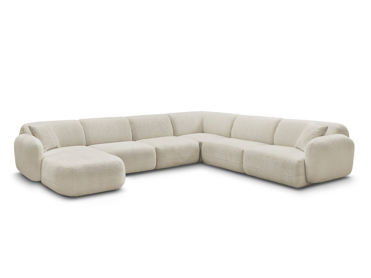 canapé panoramique fixe modulable anda avec 1 mrdn, 3 chfs 1 place sans accoudoir, 1 chf 1 place avec accoudoir, 1 petit angle gekleurd beige