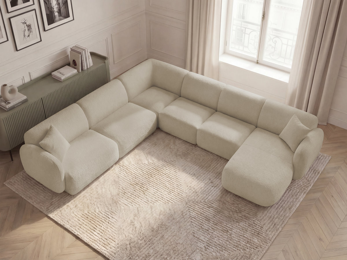 Canapé panoramique fixe modulable ANDA avec 1 mrdn, 3 chfs 1 place sans accoudoir, 1 chf 1 place avec accoudoir, 1 petit angle