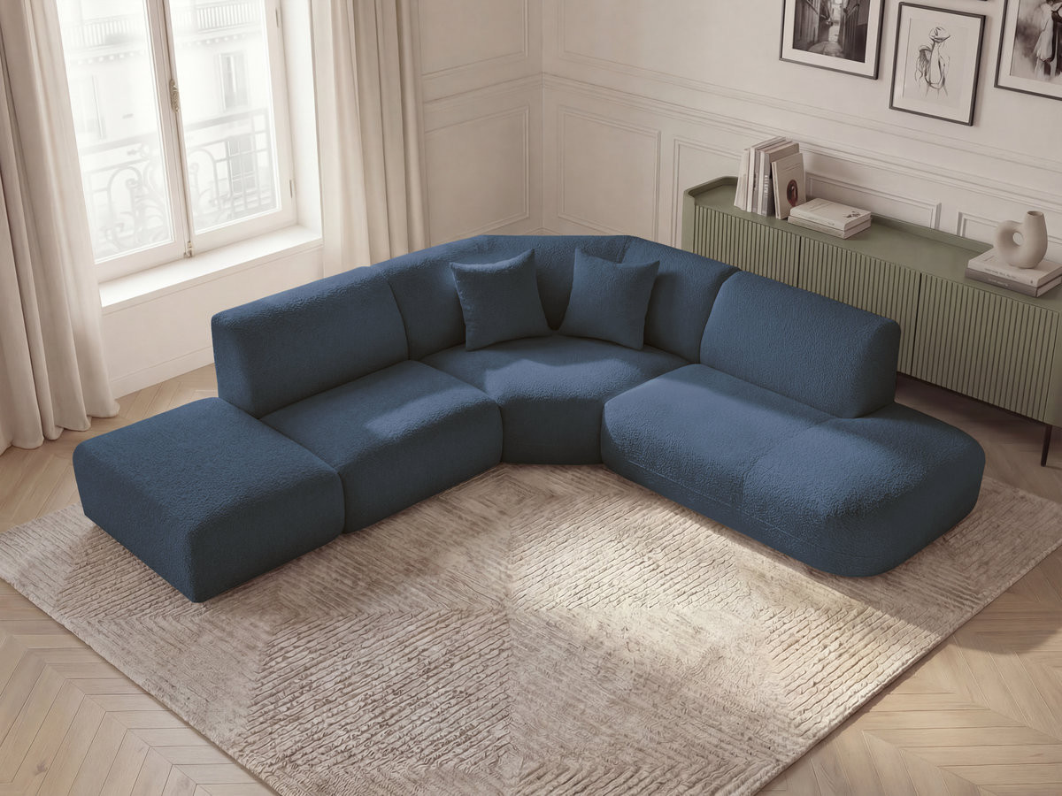 Canapé d'angle L fixe modulable ANDA tissu chenille bleu foncé angle droit BOBOCHIC 6 places