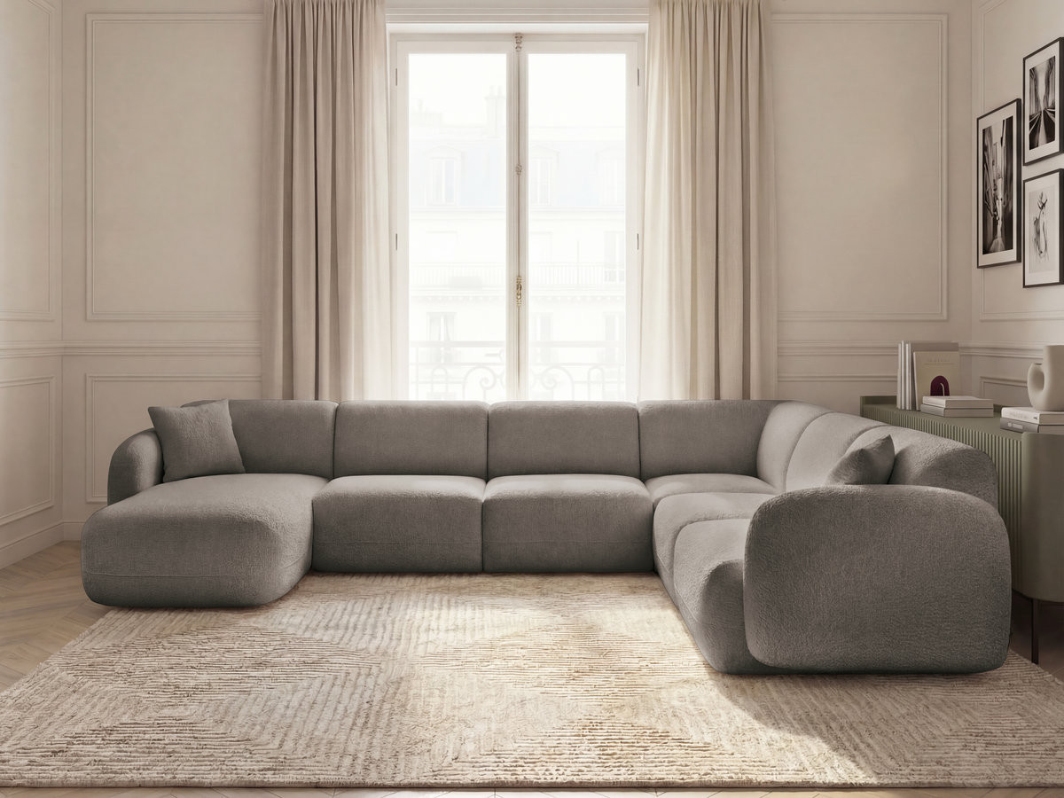 Canapé panoramique fixe modulable ANDA avec 1 mrdn, 3 chfs 1 place sans accoudoir, 1 chf 1 place avec accoudoir, 1 petit angle