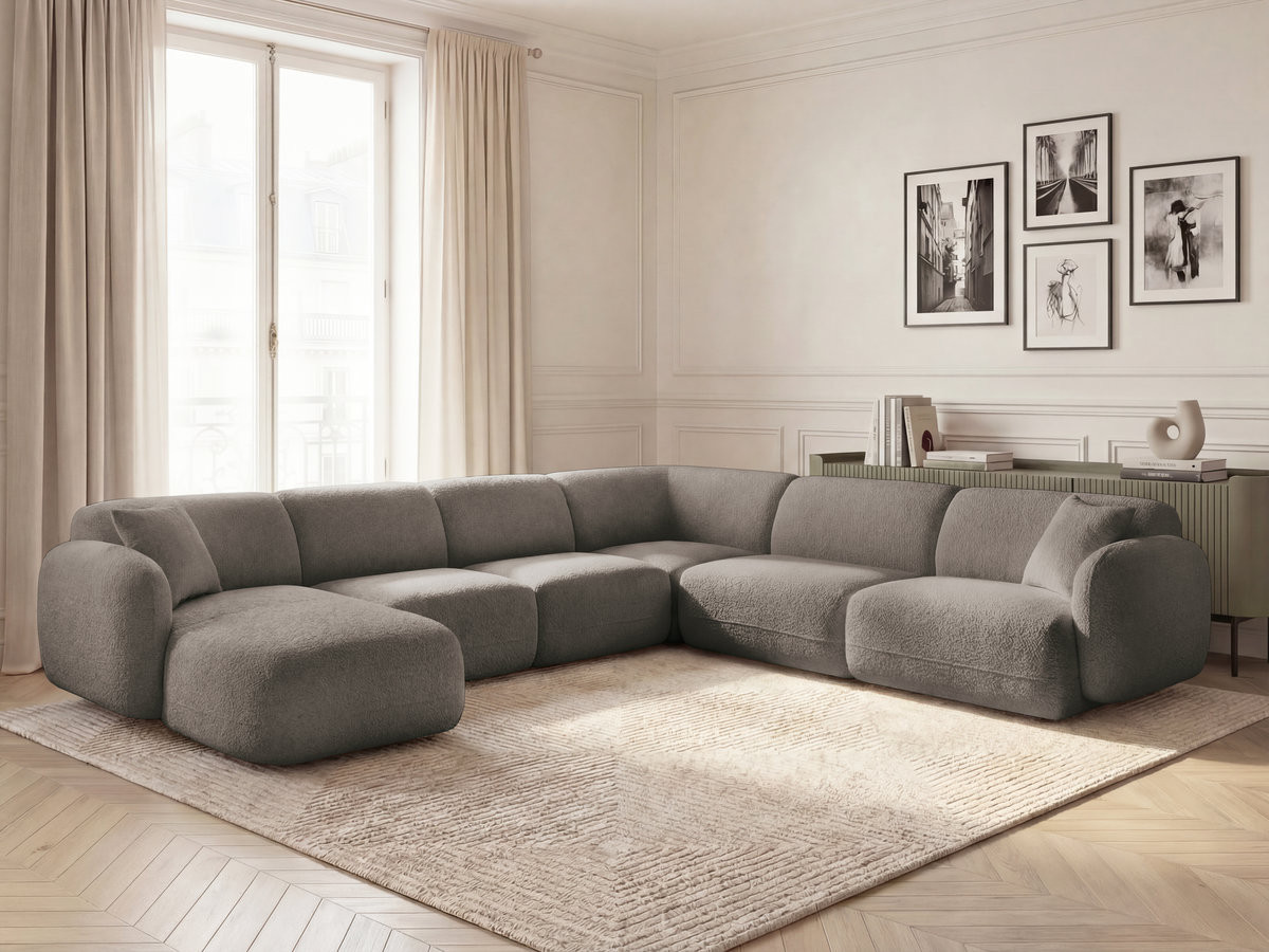 Canapé panoramique fixe modulable ANDA avec 1 mrdn, 3 chfs 1 place sans accoudoir, 1 chf 1 place avec accoudoir, 1 petit angle