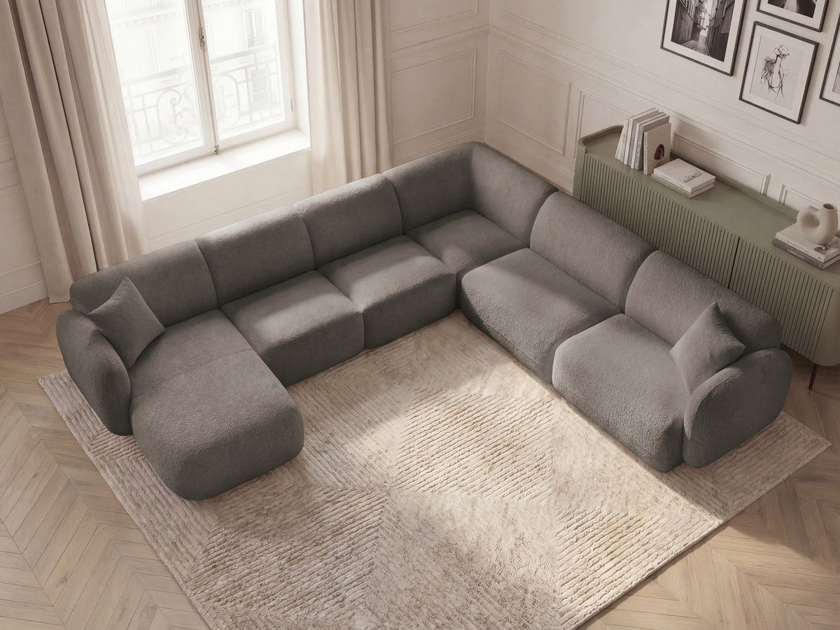 Canapé panoramique fixe modulable ANDA avec 1 mrdn, 3 chfs 1 place sans accoudoir, 1 chf 1 place avec accoudoir, 1 petit angle