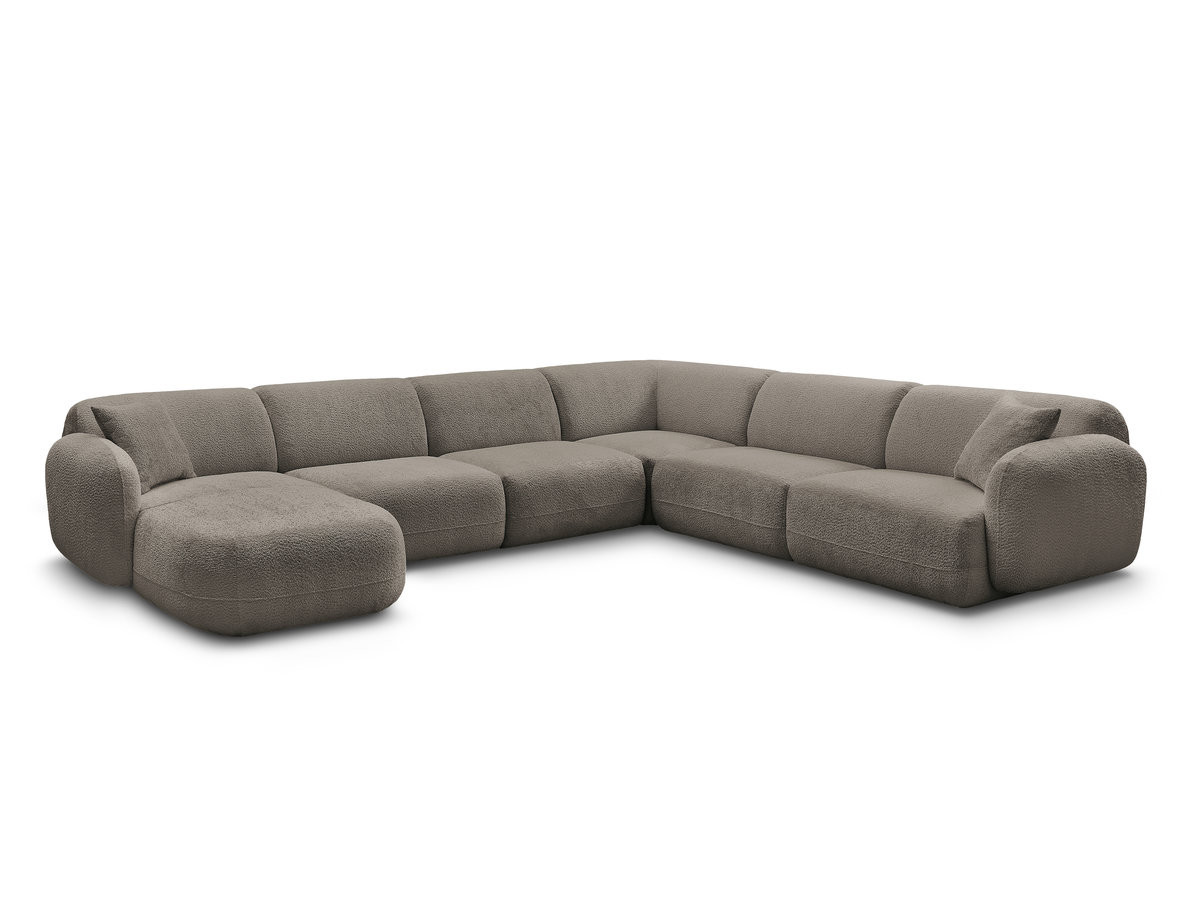 canapé panoramique fixe modulable anda avec 1 mrdn, 3 chfs 1 place sans accoudoir, 1 chf 1 place avec accoudoir, 1 petit angle gekleurd taupe