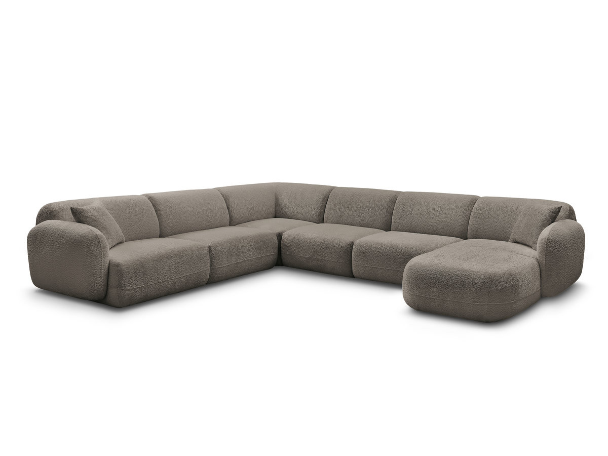 canapé panoramique fixe modulable anda avec 1 mrdn, 3 chfs 1 place sans accoudoir, 1 chf 1 place avec accoudoir, 1 petit angle gekleurd taupe