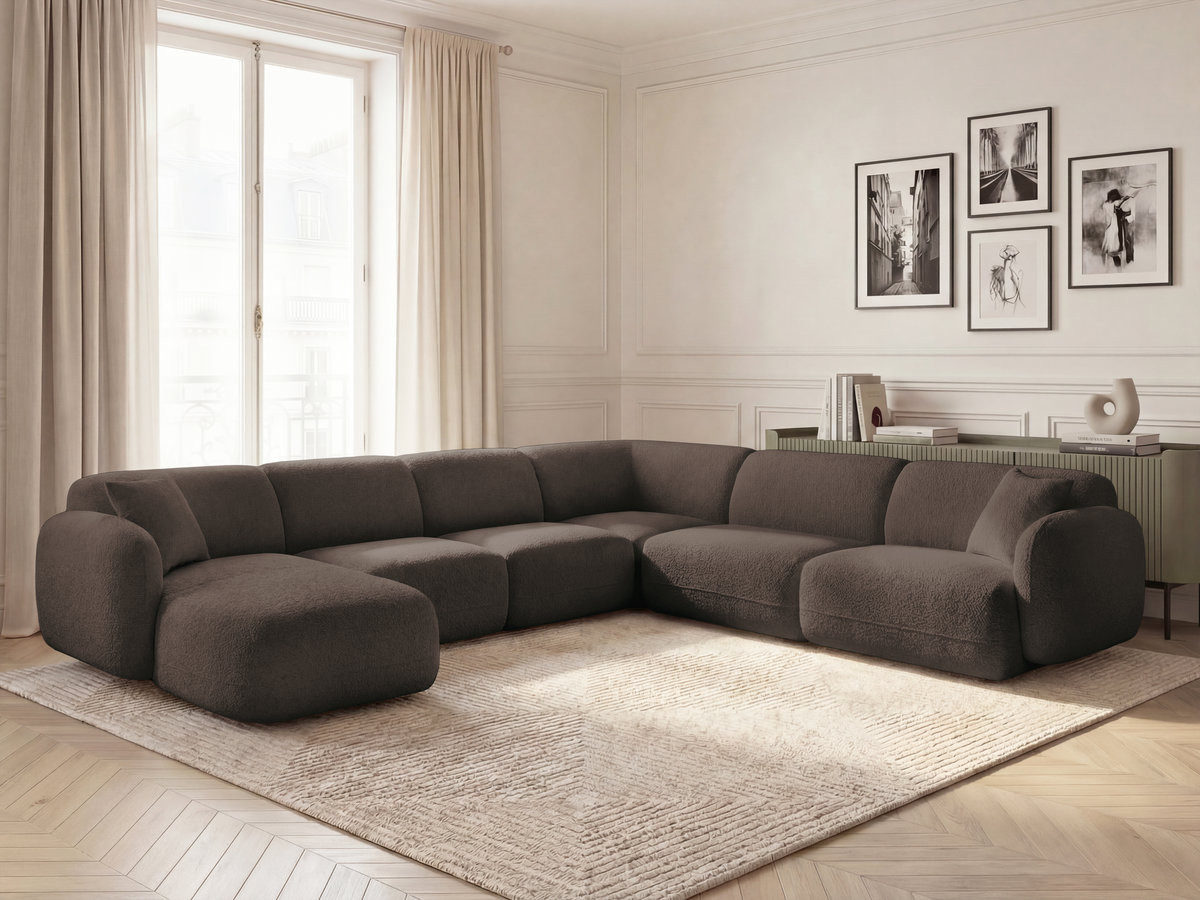 Canapé panoramique fixe modulable ANDA avec 1 mrdn, 3 chfs 1 place sans accoudoir, 1 chf 1 place avec accoudoir, 1 petit angle