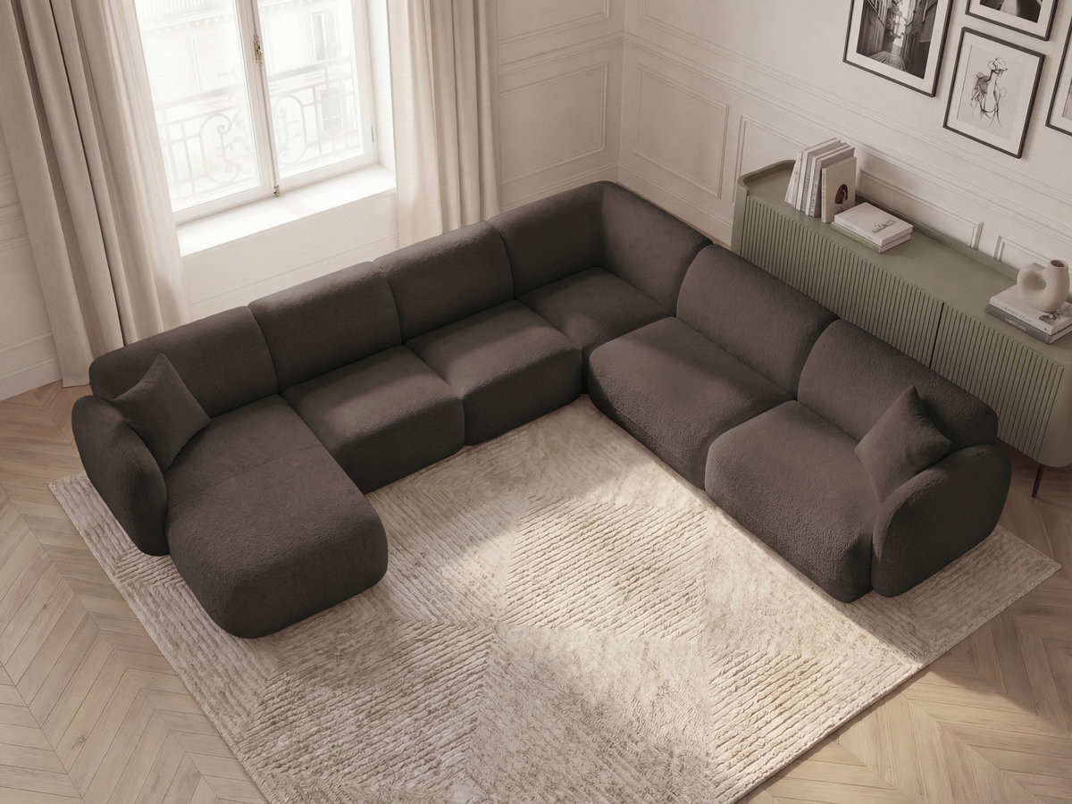 Canapé panoramique fixe modulable ANDA avec 1 mrdn, 3 chfs 1 place sans accoudoir, 1 chf 1 place avec accoudoir, 1 petit angle