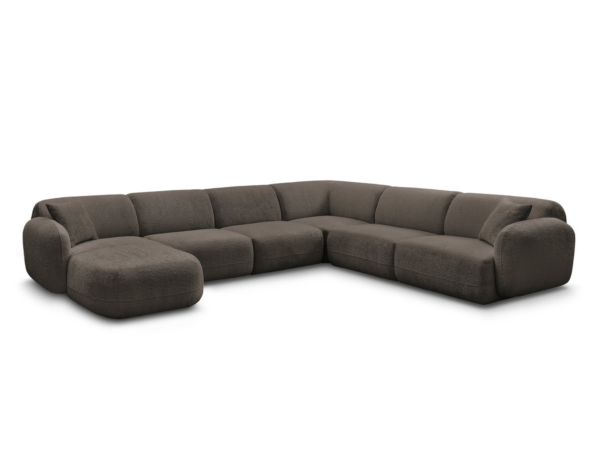 canapé panoramique fixe modulable anda avec 1 mrdn, 3 chfs 1 place sans accoudoir, 1 chf 1 place avec accoudoir, 1 petit angle gekleurd marron