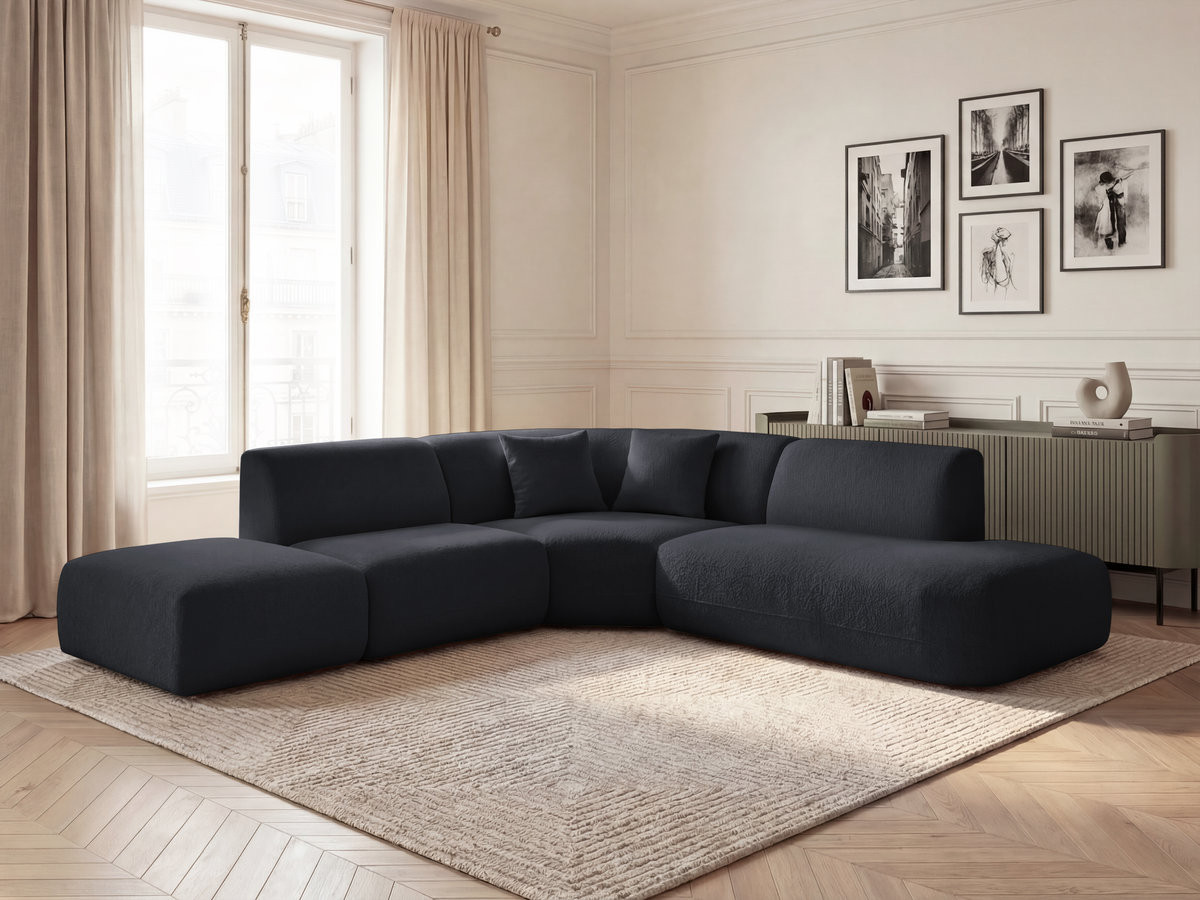 Canapé d'angle L fixe modulable ANDA tissu chenille noir  angle droit BOBOCHIC 6 places