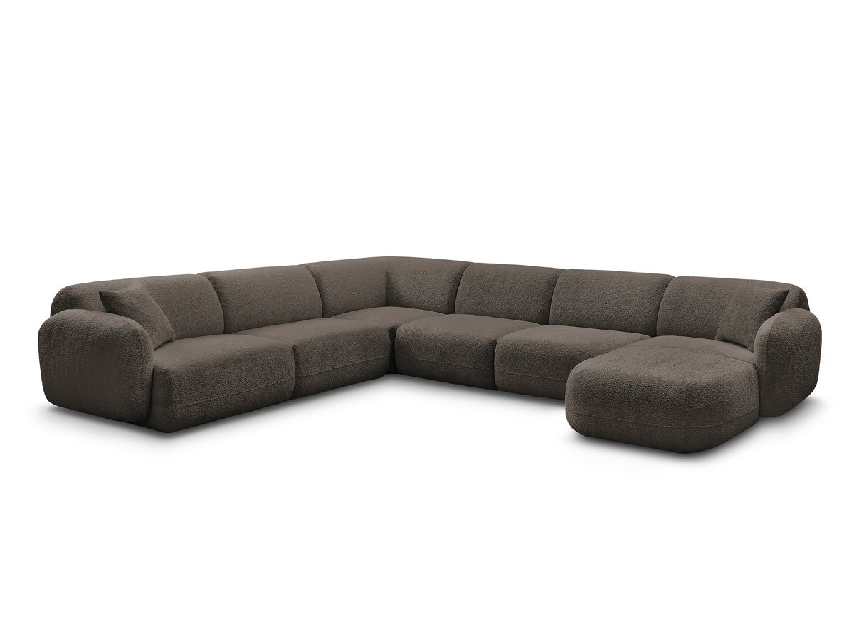 canapé panoramique fixe modulable anda avec 1 mrdn, 3 chfs 1 place sans accoudoir, 1 chf 1 place avec accoudoir, 1 petit angle gekleurd marron