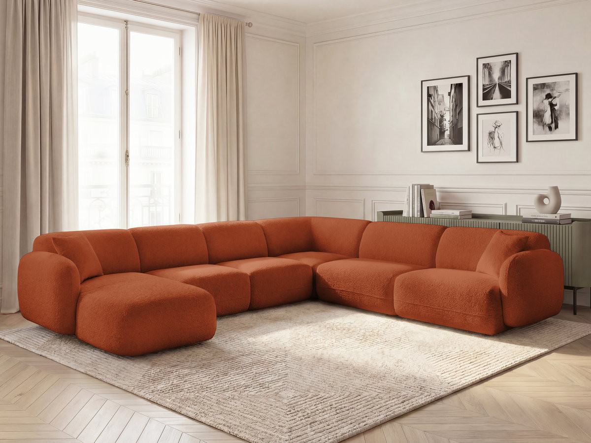 Canapé panoramique fixe modulable ANDA avec 1 méridienne, 2 chauffeuses et 1 petit angle orange  angle droit BOBOCHIC 6 places