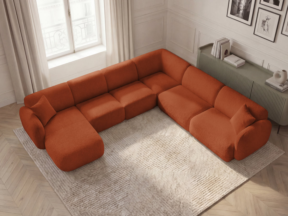 Canapé panoramique fixe modulable ANDA avec 1 mrdn, 3 chfs 1 place sans accoudoir, 1 chf 1 place avec accoudoir, 1 petit angle