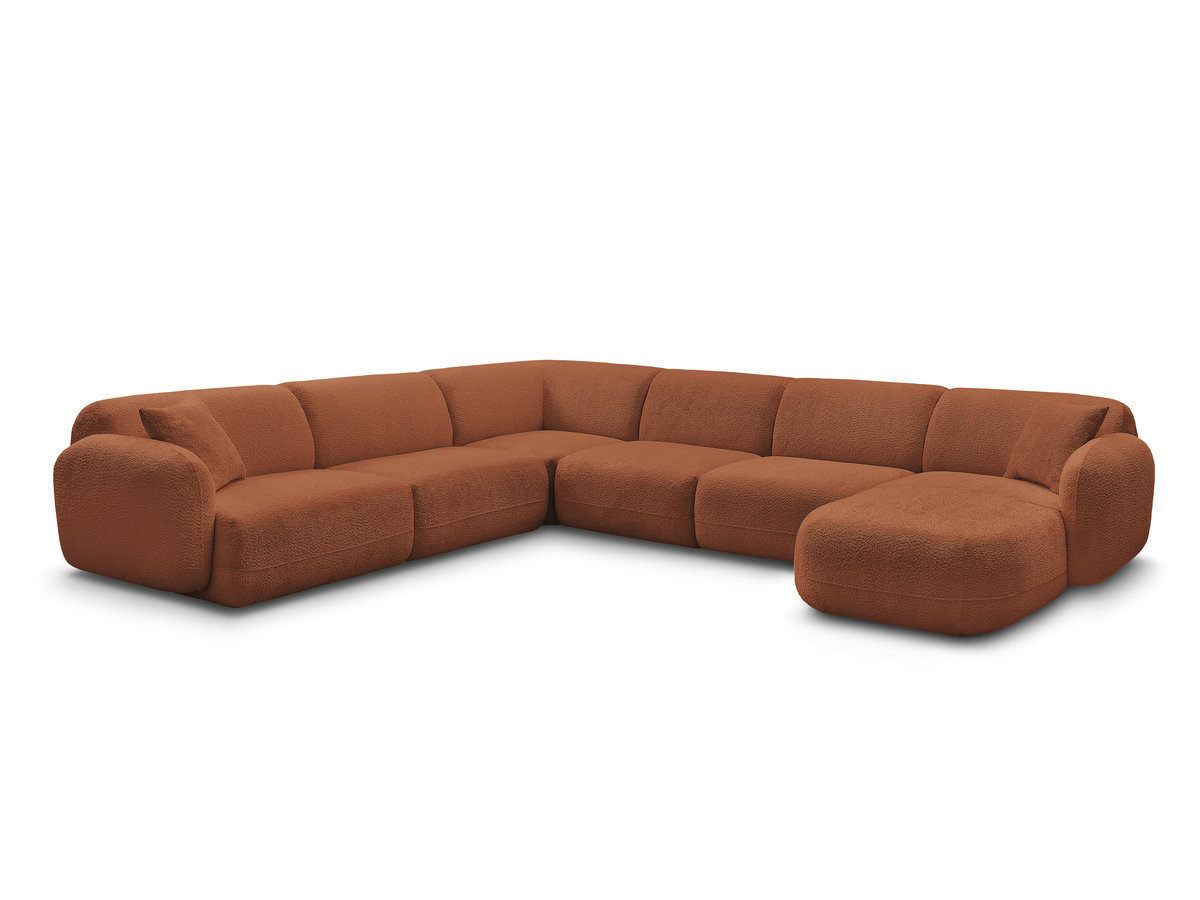 canapé panoramique fixe modulable anda avec 1 mrdn, 3 chfs 1 place sans accoudoir, 1 chf 1 place avec accoudoir, 1 petit angle gekleurd orange