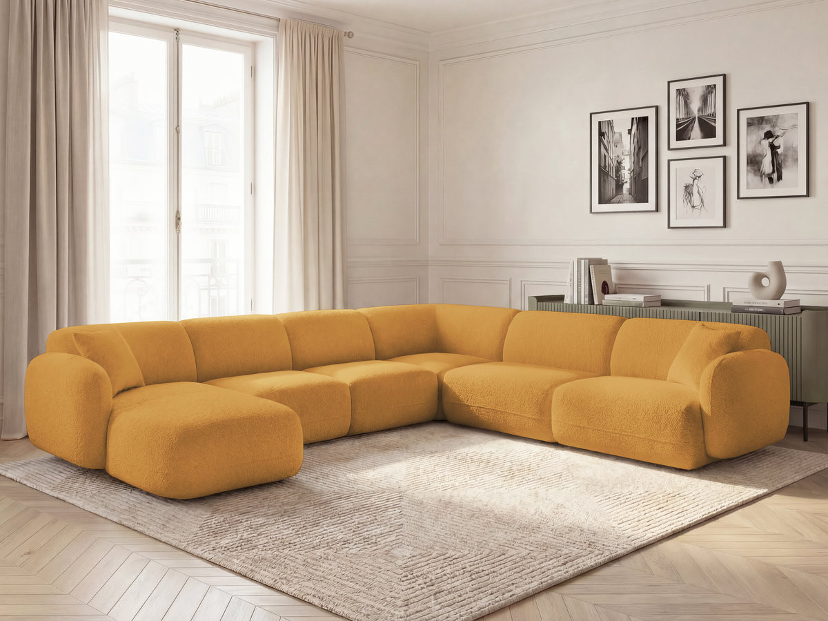 Canapé panoramique fixe modulable ANDA avec 1 méridienne, 2 chauffeuses et 1 petit angle jaune  angle droit BOBOCHIC 6 places