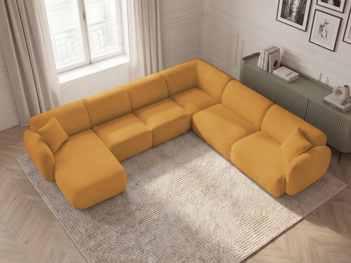 Canapé panoramique fixe modulable ANDA avec 1 mrdn, 3 chfs 1 place sans accoudoir, 1 chf 1 place avec accoudoir, 1 petit angle