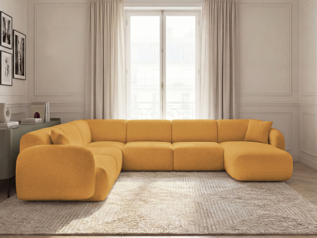 Canapé panoramique fixe modulable ANDA avec 1 mrdn, 3 chfs 1 place sans accoudoir, 1 chf 1 place avec accoudoir, 1 petit angle