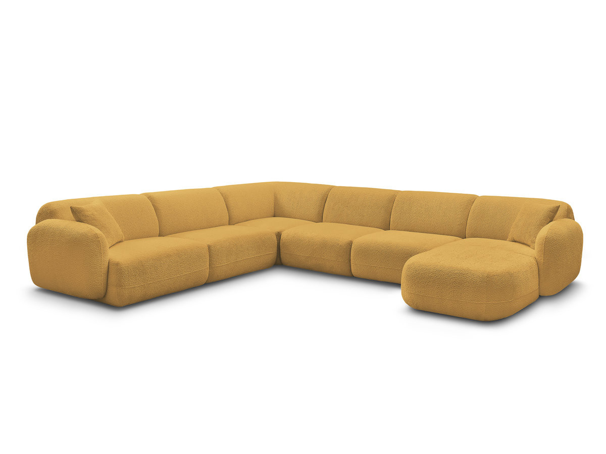 canapé panoramique fixe modulable anda avec 1 mrdn, 3 chfs 1 place sans accoudoir, 1 chf 1 place avec accoudoir, 1 petit angle gekleurd jaune