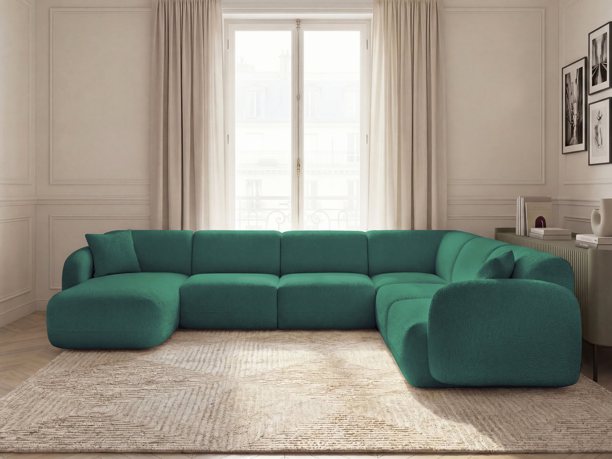 Canapé panoramique fixe modulable ANDA avec 1 mrdn, 3 chfs 1 place sans accoudoir, 1 chf 1 place avec accoudoir, 1 petit angle