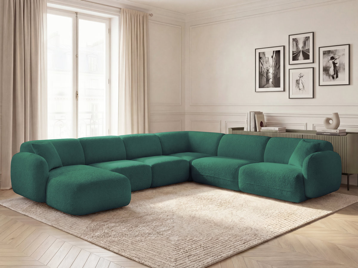 Canapé panoramique fixe modulable ANDA avec 1 méridienne, 2 chauffeuses et 1 petit angle vert foncé  angle droit BOBOCHIC 6 places