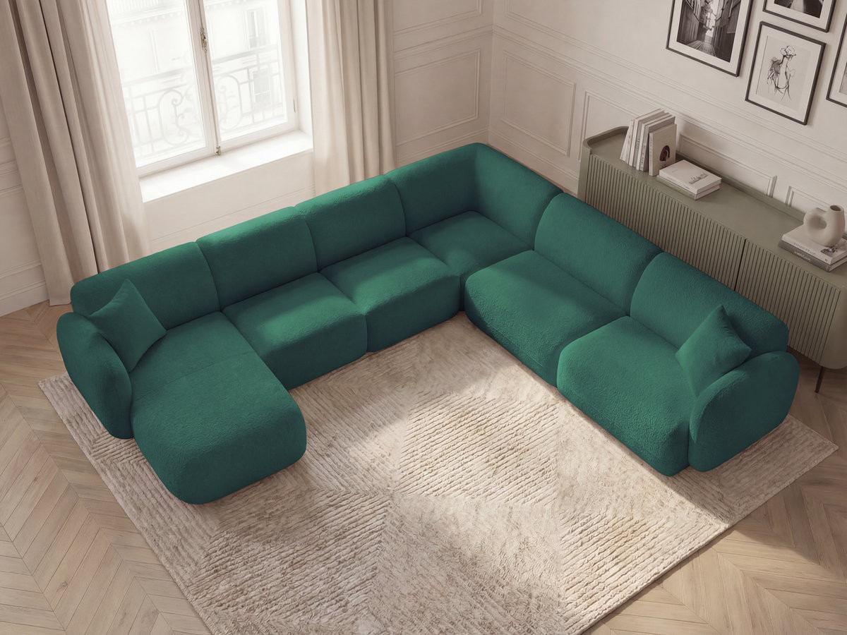 Canapé panoramique fixe modulable ANDA avec 1 mrdn, 3 chfs 1 place sans accoudoir, 1 chf 1 place avec accoudoir, 1 petit angle