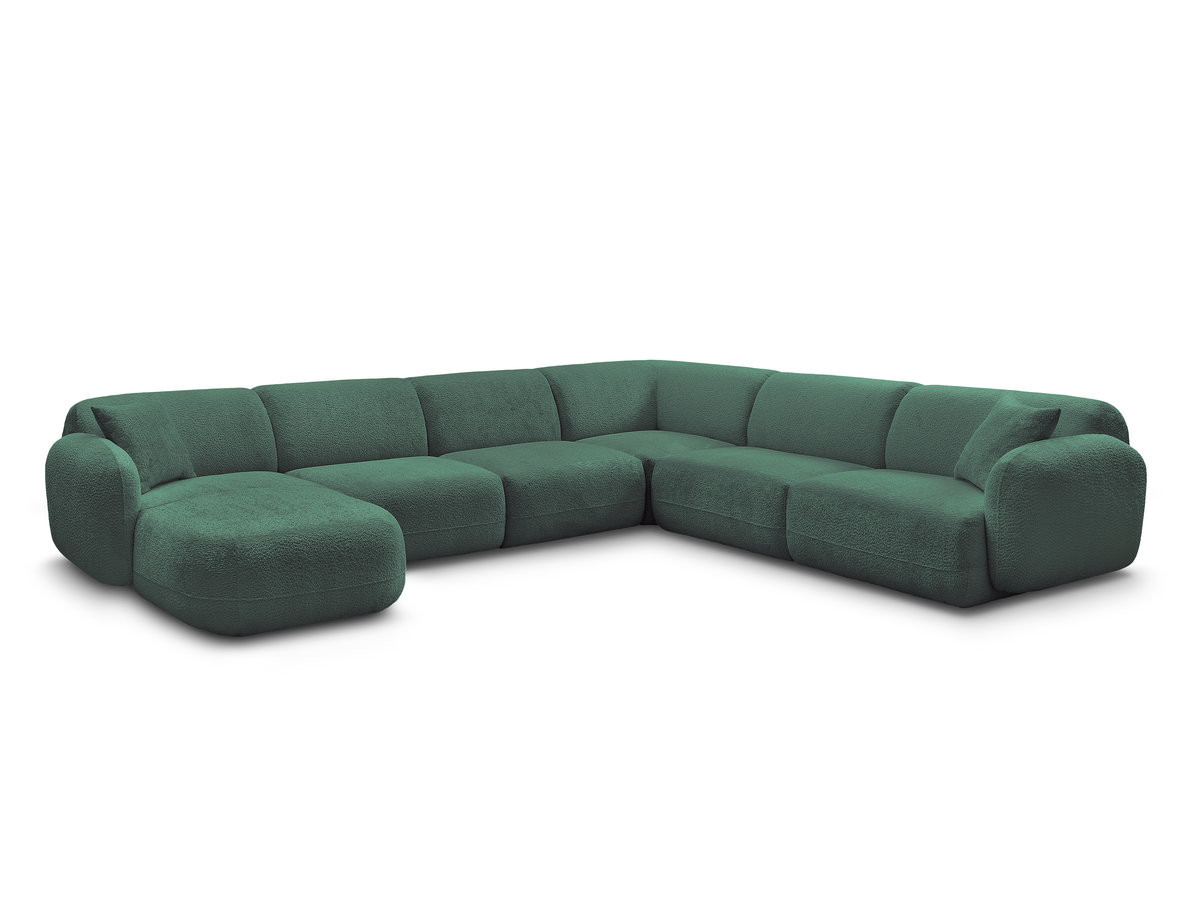 canapé panoramique fixe modulable anda avec 1 mrdn, 3 chfs 1 place sans accoudoir, 1 chf 1 place avec accoudoir, 1 petit angle gekleurd vert foncé