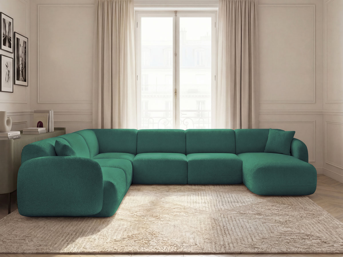 Canapé panoramique fixe modulable ANDA avec 1 mrdn, 3 chfs 1 place sans accoudoir, 1 chf 1 place avec accoudoir, 1 petit angle