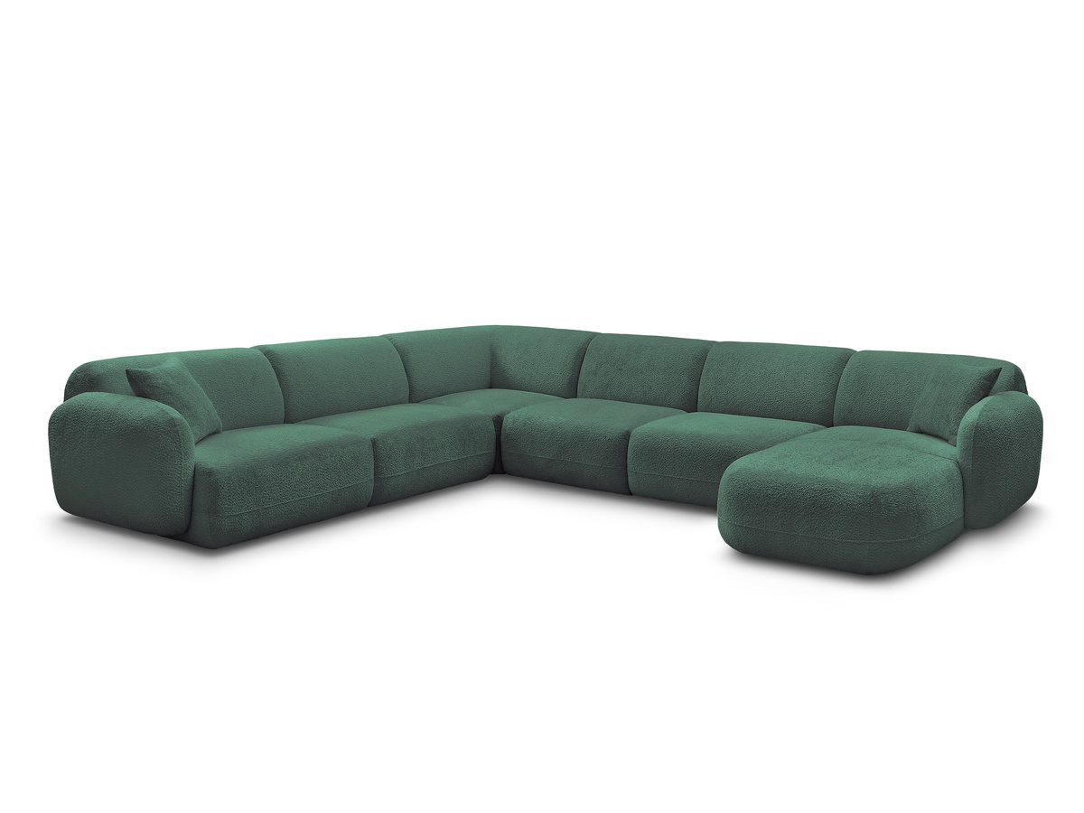 canapé panoramique fixe modulable anda avec 1 méridienne, 2 chauffeuses et 1 petit angle de couleur vert foncé