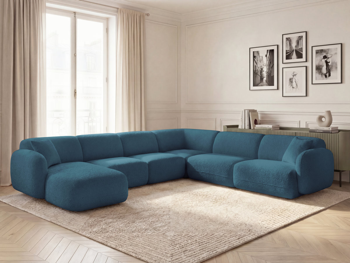 Canapé panoramique fixe modulable ANDA avec 1 méridienne, 2 chauffeuses et 1 petit angle bleu clair  angle droit BOBOCHIC 6 places