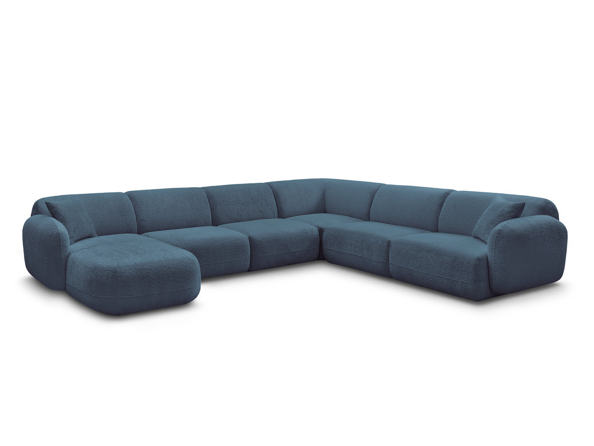 canapé panoramique fixe modulable anda avec 1 mrdn, 3 chfs 1 place sans accoudoir, 1 chf 1 place avec accoudoir, 1 petit angle gekleurd bleu clair