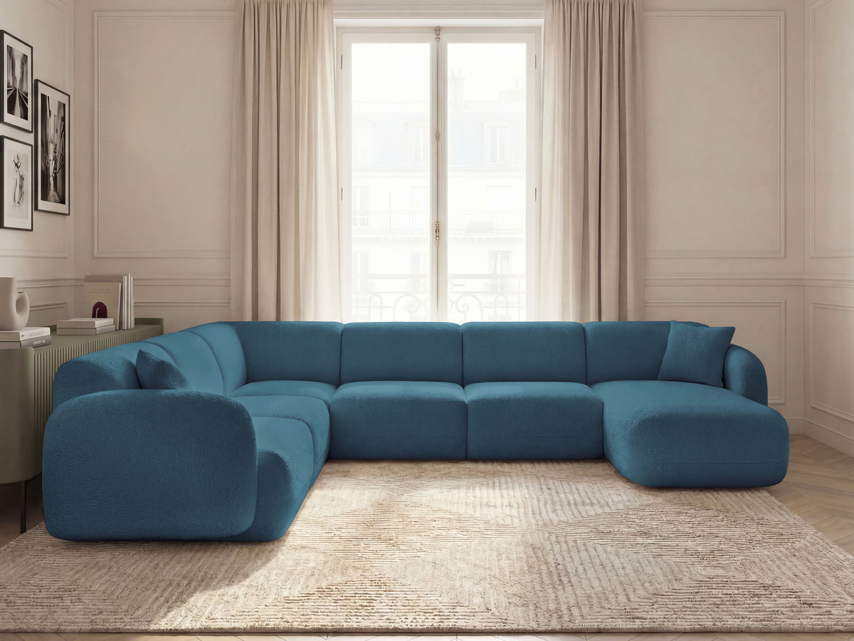 Canapé panoramique fixe modulable ANDA avec 1 mrdn, 3 chfs 1 place sans accoudoir, 1 chf 1 place avec accoudoir, 1 petit angle