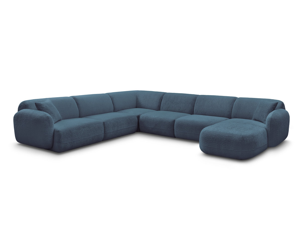 canapé panoramique fixe modulable anda avec 1 mrdn, 3 chfs 1 place sans accoudoir, 1 chf 1 place avec accoudoir, 1 petit angle gekleurd bleu clair