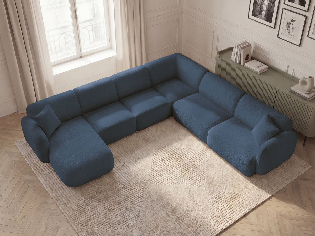 Canapé panoramique fixe modulable ANDA avec 1 mrdn, 3 chfs 1 place sans accoudoir, 1 chf 1 place avec accoudoir, 1 petit angle