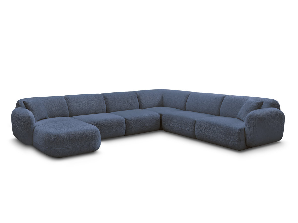 canapé panoramique fixe modulable anda avec 1 mrdn, 3 chfs 1 place sans accoudoir, 1 chf 1 place avec accoudoir, 1 petit angle gekleurd bleu foncé