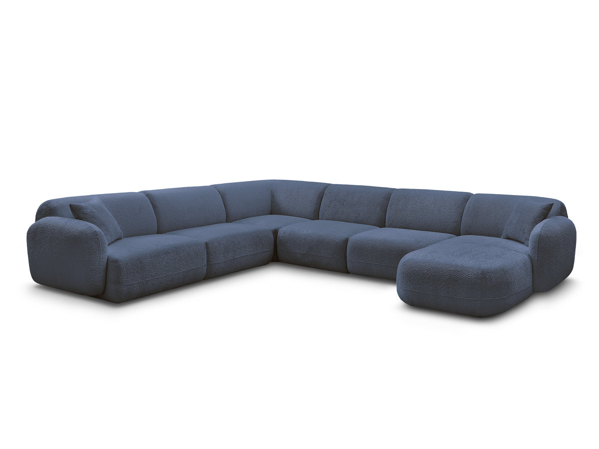 canapé panoramique fixe modulable anda avec 1 mrdn, 3 chfs 1 place sans accoudoir, 1 chf 1 place avec accoudoir, 1 petit angle gekleurd bleu foncé