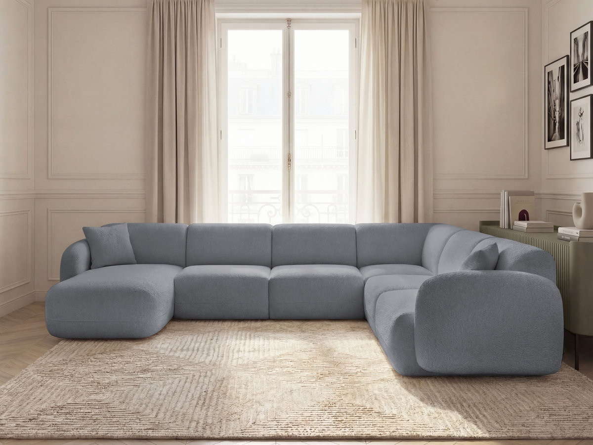 Canapé panoramique fixe modulable ANDA avec 1 mrdn, 3 chfs 1 place sans accoudoir, 1 chf 1 place avec accoudoir, 1 petit angle