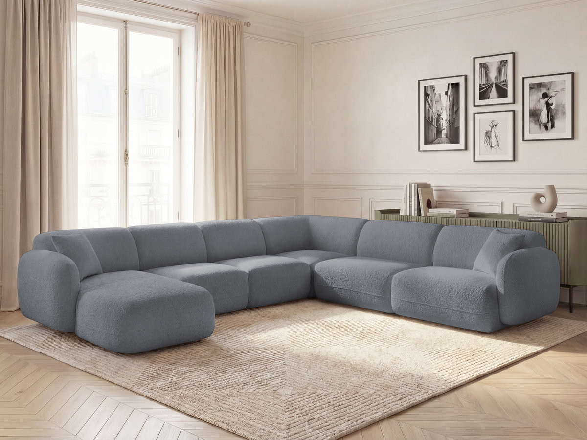 Canapé panoramique fixe modulable ANDA avec 1 mrdn, 3 chfs 1 place sans accoudoir, 1 chf 1 place avec accoudoir, 1 petit angle