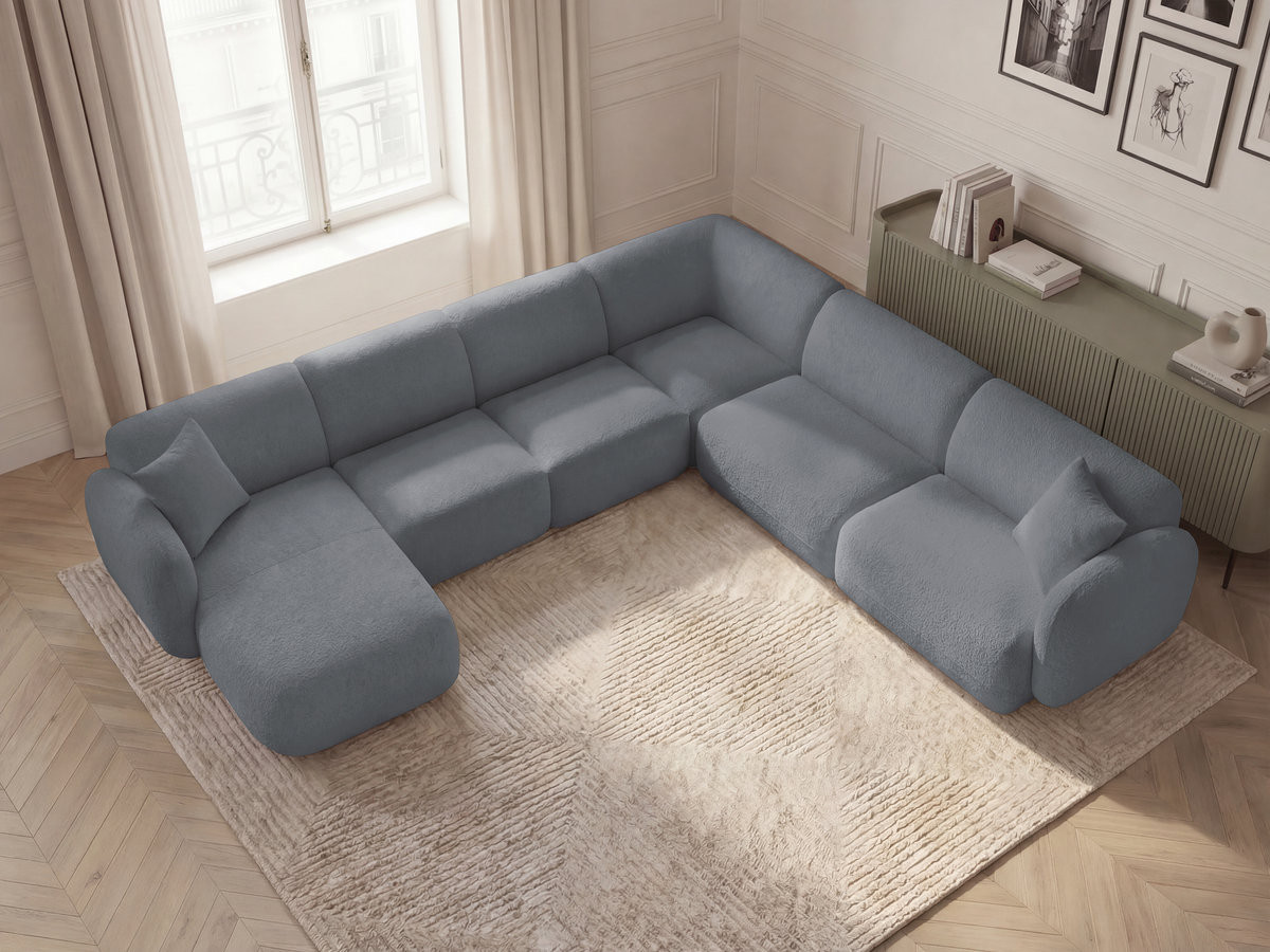 Canapé panoramique fixe modulable ANDA avec 1 mrdn, 3 chfs 1 place sans accoudoir, 1 chf 1 place avec accoudoir, 1 petit angle