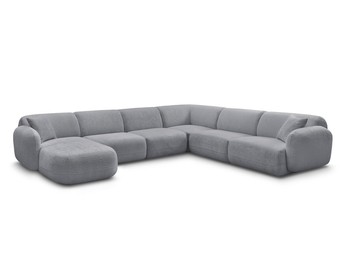 canapé panoramique fixe modulable anda avec 1 mrdn, 3 chfs 1 place sans accoudoir, 1 chf 1 place avec accoudoir, 1 petit angle gekleurd gris