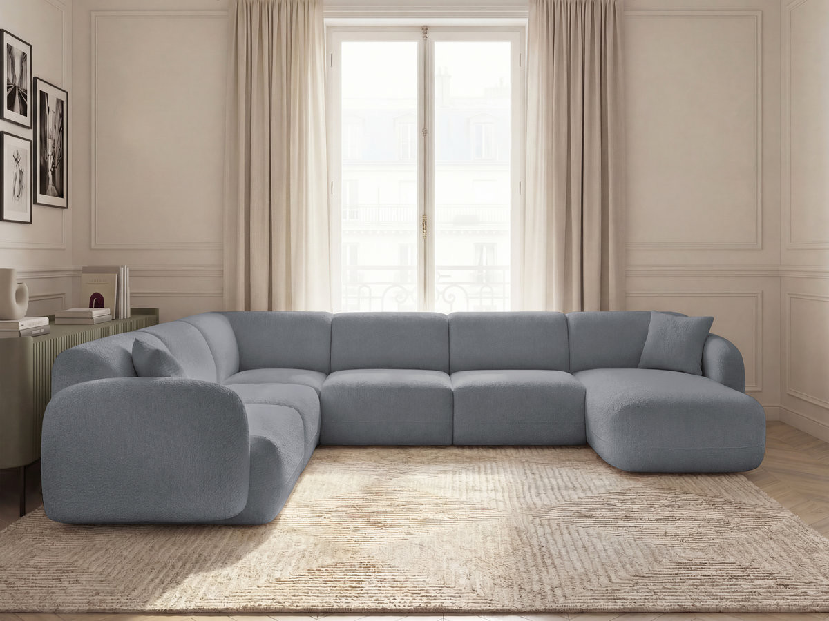 Canapé panoramique fixe modulable ANDA avec 1 mrdn, 3 chfs 1 place sans accoudoir, 1 chf 1 place avec accoudoir, 1 petit angle