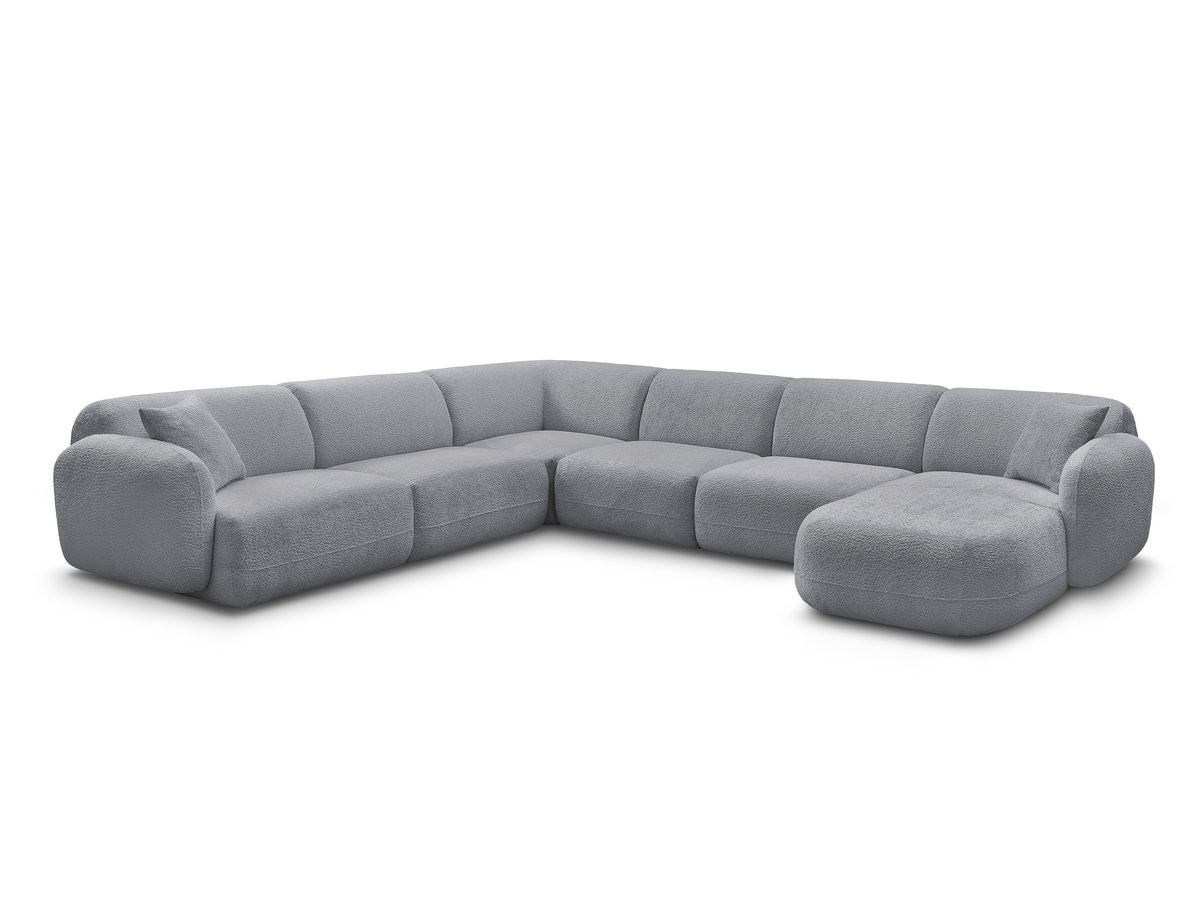 canapé panoramique fixe modulable anda avec 1 mrdn, 3 chfs 1 place sans accoudoir, 1 chf 1 place avec accoudoir, 1 petit angle gekleurd gris