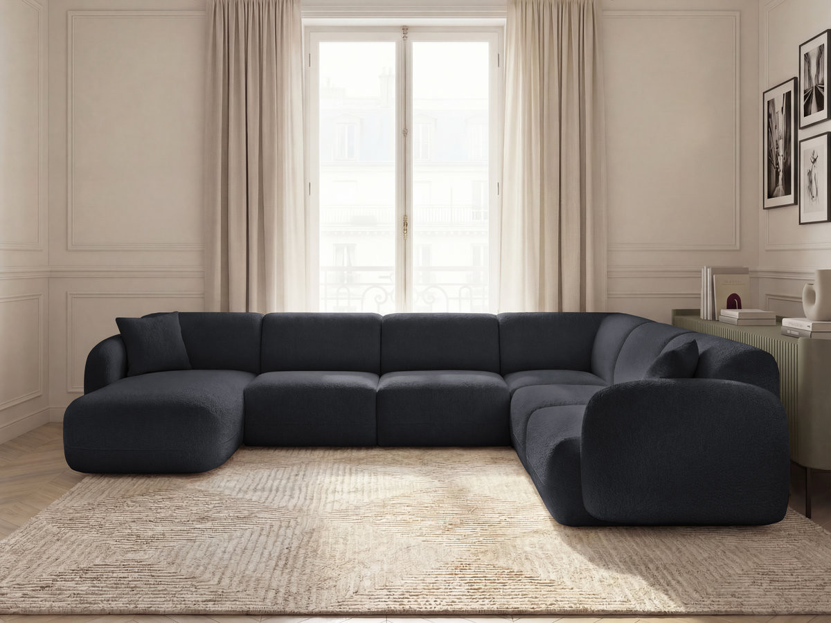 Canapé panoramique fixe modulable ANDA avec 1 mrdn, 3 chfs 1 place sans accoudoir, 1 chf 1 place avec accoudoir, 1 petit angle