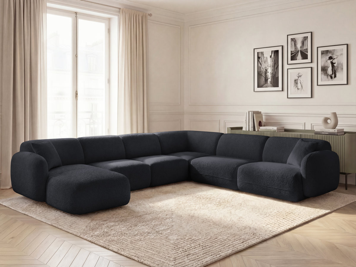 Canapé panoramique fixe modulable ANDA avec 1 mrdn, 3 chfs 1 place sans accoudoir, 1 chf 1 place avec accoudoir, 1 petit angle