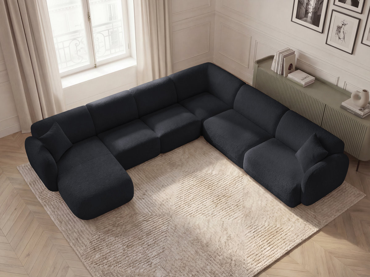 Canapé panoramique fixe modulable ANDA avec 1 mrdn, 3 chfs 1 place sans accoudoir, 1 chf 1 place avec accoudoir, 1 petit angle