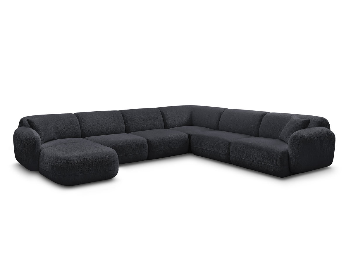 canapé panoramique fixe modulable anda avec 1 mrdn, 3 chfs 1 place sans accoudoir, 1 chf 1 place avec accoudoir, 1 petit angle gekleurd noir