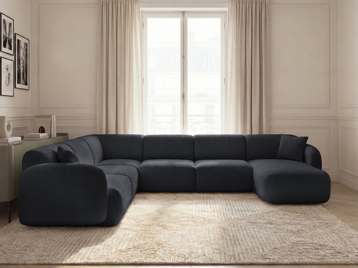 Canapé panoramique fixe modulable ANDA avec 1 mrdn, 3 chfs 1 place sans accoudoir, 1 chf 1 place avec accoudoir, 1 petit angle