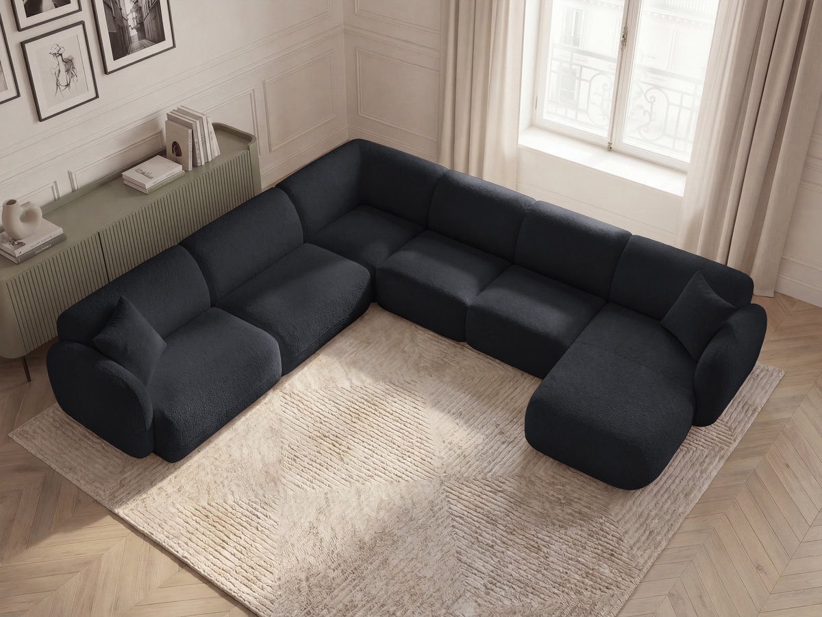 Canapé panoramique fixe modulable ANDA avec 1 mrdn, 3 chfs 1 place sans accoudoir, 1 chf 1 place avec accoudoir, 1 petit angle