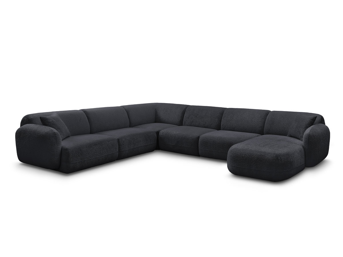 canapé panoramique fixe modulable anda avec 1 mrdn, 3 chfs 1 place sans accoudoir, 1 chf 1 place avec accoudoir, 1 petit angle gekleurd noir