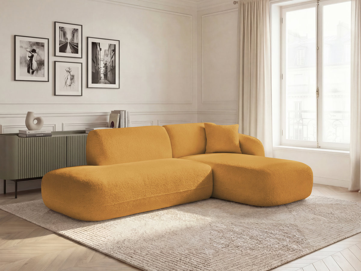 Canapé d'angle fixe modulable ANDA avec 1 méridienne et 1 chauffeuse bout de canapé jaune  angle droit BOBOCHIC 3 places