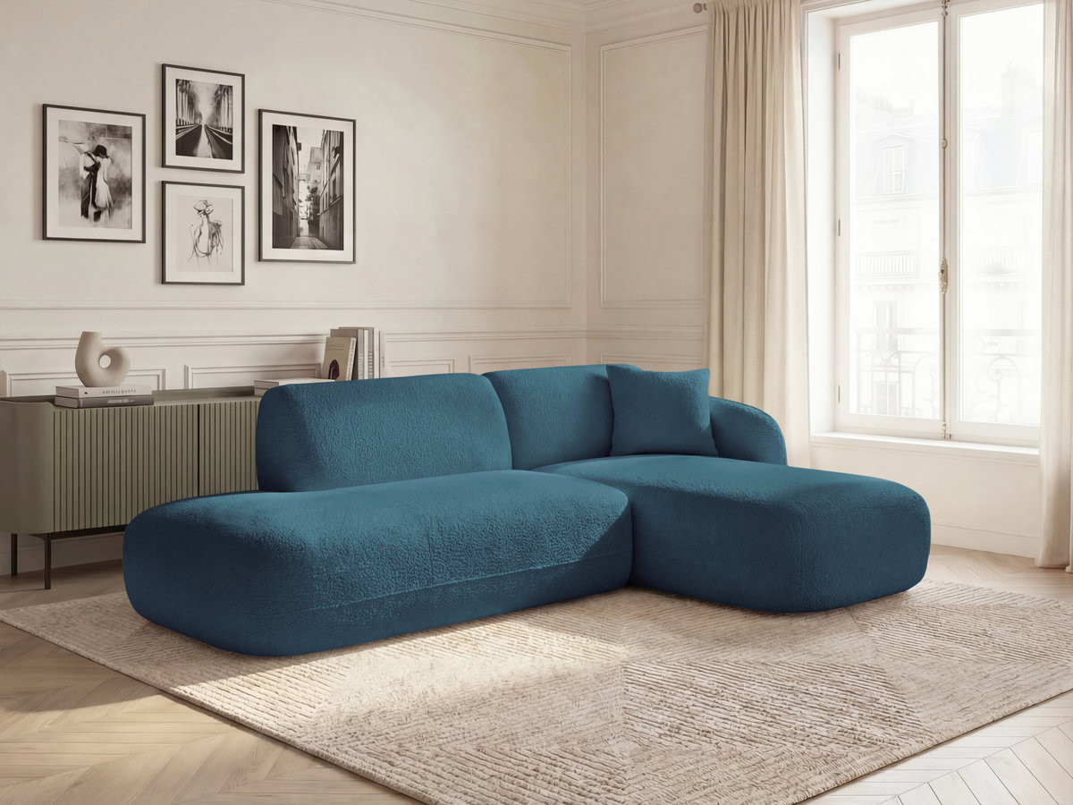 Canapé d'angle fixe modulable ANDA avec 1 méridienne et 1 chauffeuse bout de canapé bleu clair angle droit BOBOCHIC 3 places