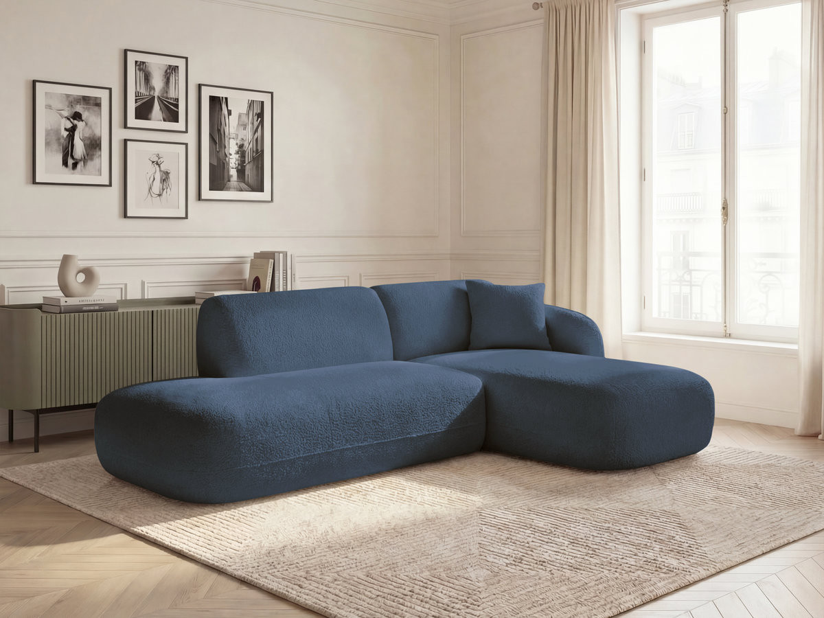 Canapé d'angle fixe modulable ANDA avec 1 méridienne et 1 chauffeuse bout de canapé bleu foncé  angle droit BOBOCHIC 3 places